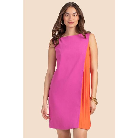 Trina Turk Briella 2 Pink Orange Pleated Boat Neck Sleeveless Mini Dress Size 2 - Picture 1 of 11